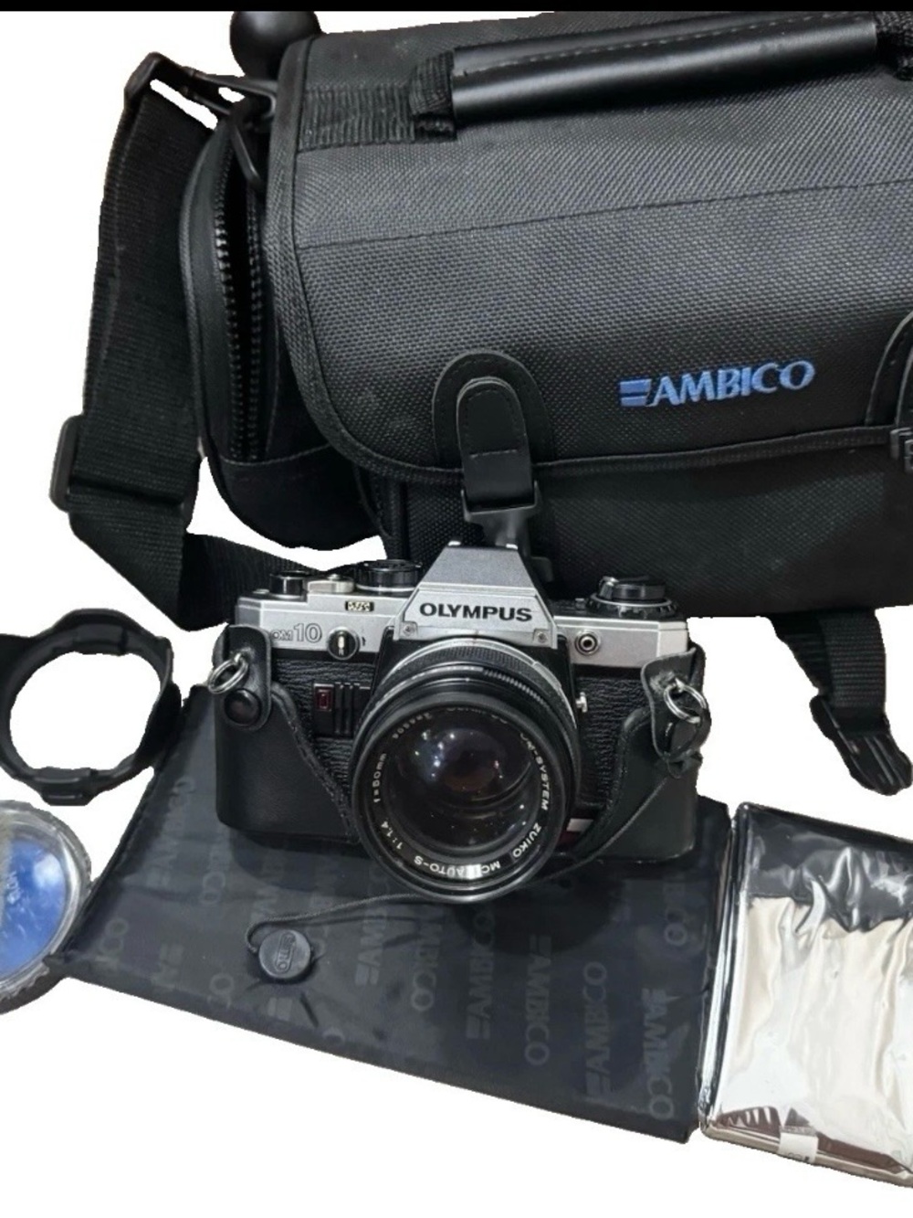 Olympus OM-10 35mm SLR Camera Zuiko 50mm f/1.4 Lens Tested Working + Extras